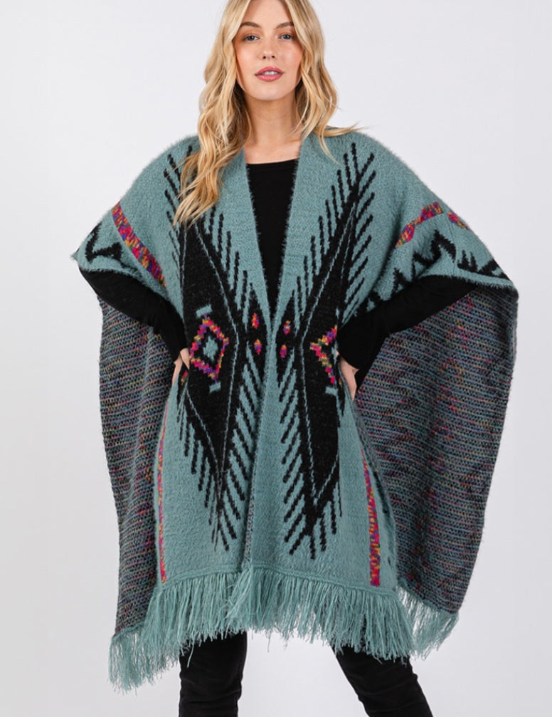 Fuzzy Aztec Pattern Tassel Knit Ruana Poncho