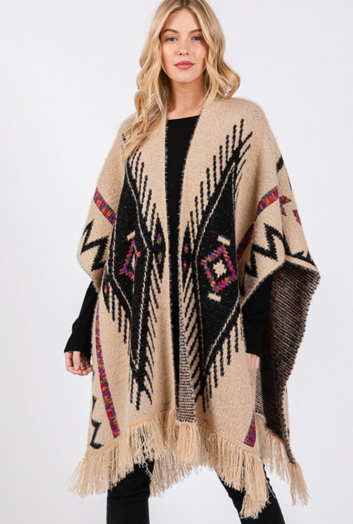 Fuzzy Aztec Pattern Tassel Knit Ruana Poncho